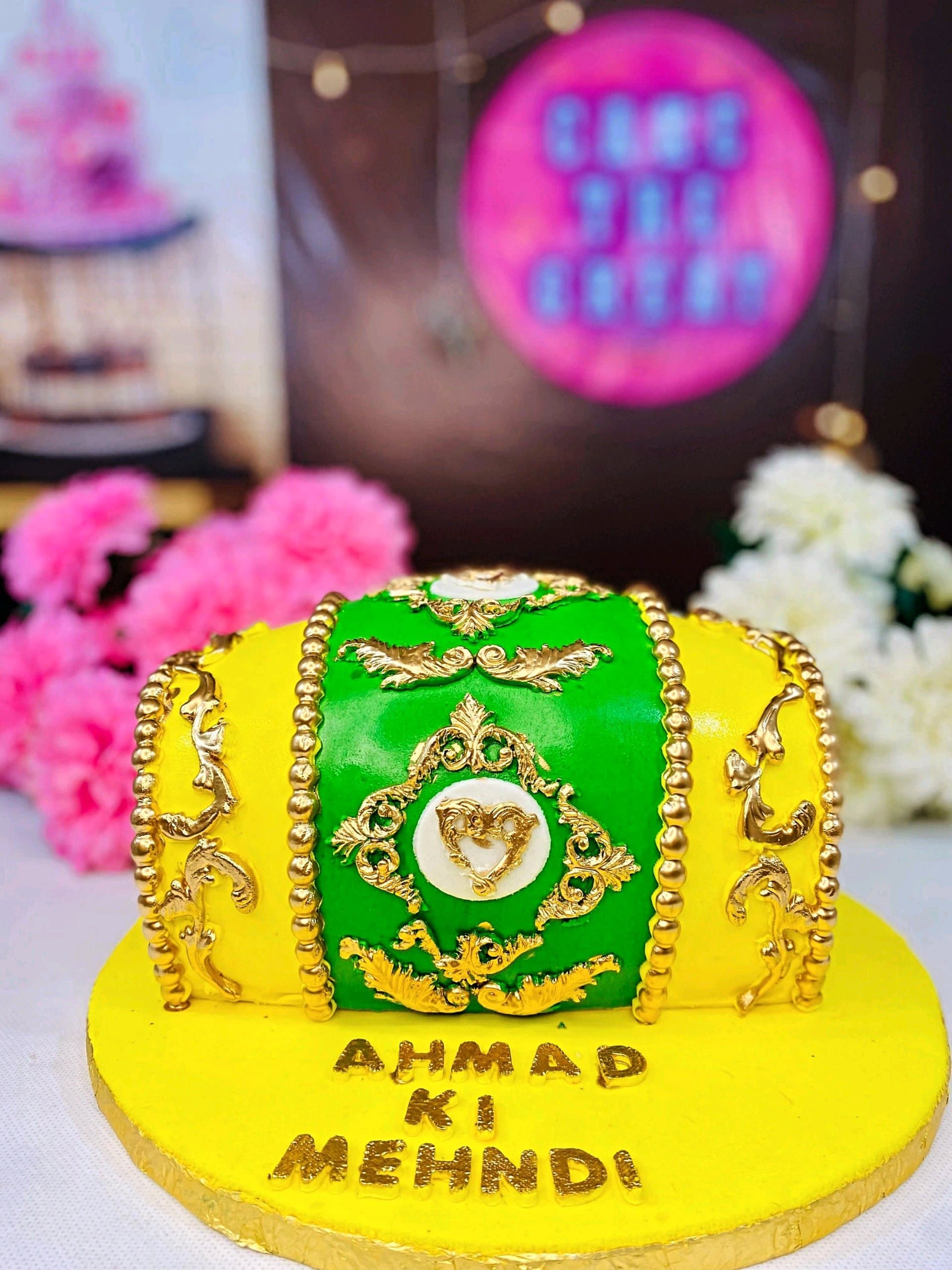 Dholki and Mehndi Cake in Green and Gold — custom cake from Cake The Great, Lahore